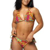 Inela 2 Piece Triangle Tie Bikini Set - Flower Power Floral Paisley Psychedelic Retro Orange Red Yellow Lively Bold Vibrant Mandala Tie String Beachwear Summer Trend Blissfully Brand